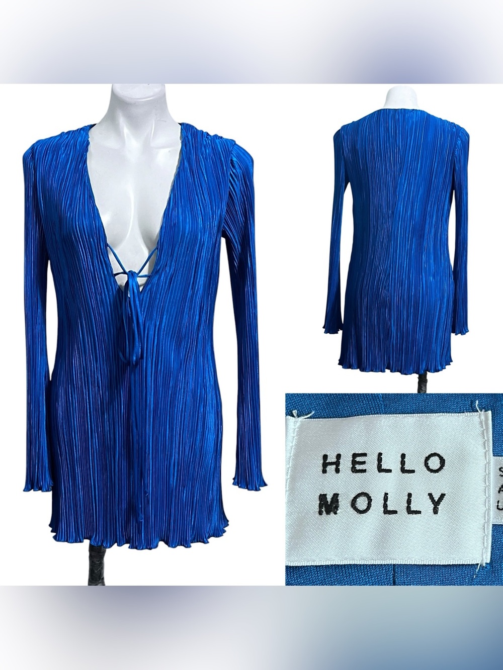Hello Molly dress US 4 Blue Pleated Tie-Front long sleeve retro mini cocktail